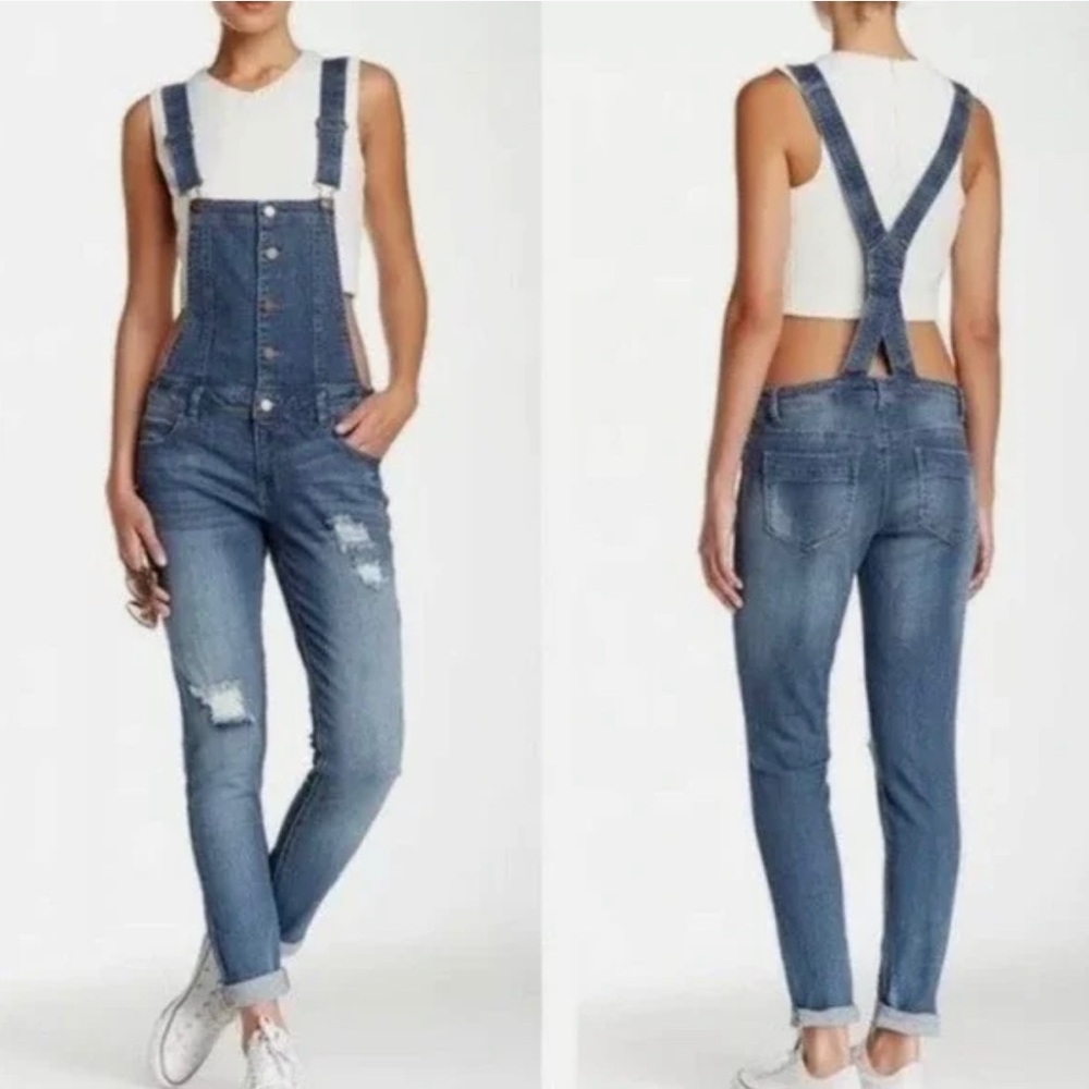 Tinseltown Denim Distressed Medium Wash Bib Overalls Size Large